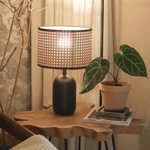Lampe de bureau LED en rotin avec base noire