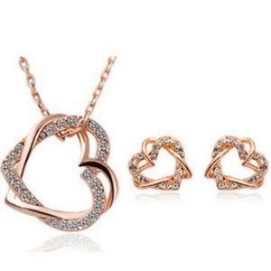 Ensemble personnalisé collier et boucles d’oreilles double cœur avec strass