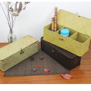 Boîte de rangement à 3 compartiments en rotin et osier avec couvercle