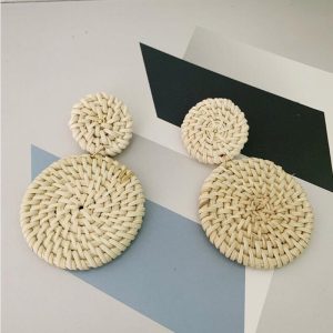 Boucles d&rsquo;Oreilles Rondes en Rotin pour Femme