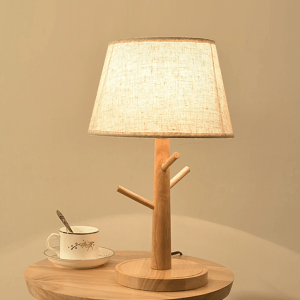 Lampe de Chevet Bois LED avec Abat Jour en Tissu