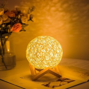 Lampe de chevet LED en forme de boule en rotin