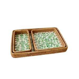 Lot de 3 Plateaux Rotin à Motifs de Feuilles