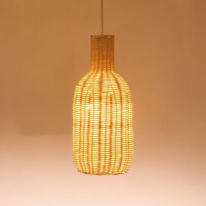 Luminaire pendant style village chinois, en rotin et osier naturel, ovale, fait à la main