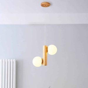 Lustre en Bois LED Suspendu avec Deux Boules