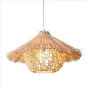 Lustre rond suspendu en bambou et bois, jaune