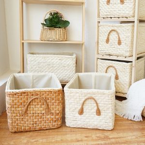 Panier de rangement en osier tissé à la main avec poignées