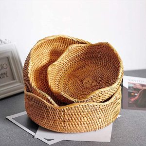 Panier de rangement rond en rotin et osier tissé à la main