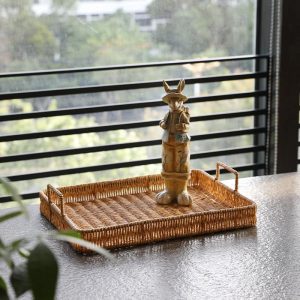 Plateau de rangement en plastique imitation rotin avec poignée