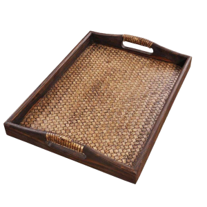 Plateau de service rectangulaire en rotin vintage