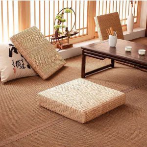 Pouf carré de méditation style japonais en paille naturelle
