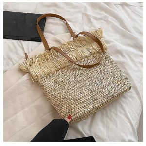 Sac à bandoulière tressé en paille blanche, avec franges, de grande capacité, pour femmes