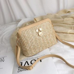 Sac à main de plage marron en rotin à chaînes pour femme