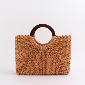 Sac à main vintage marron en rotin poignées en bois