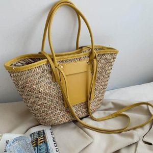 Sac d&rsquo;été en paille de grande capacité fait à la main, jaune, pour femmes