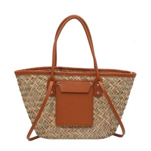 Sac d&rsquo;été en paille de grande capacité fait à la main, marron, pour femmes