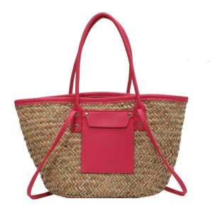 Sac d&rsquo;été en paille de grande capacité fait à la main, rose, pour femmes