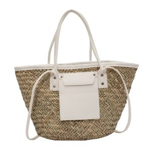 Sac d&rsquo;été en paille de grande capacité fait à la main, blanc, pour femmes