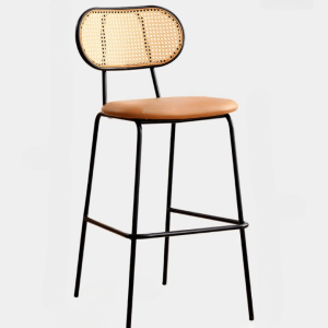 Tabouret de Bar Rotin avec Assise en Cuir Gaufré