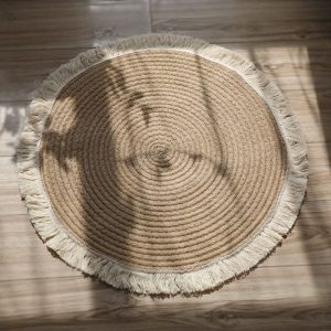 Tapis rond tissé en coton et en lin fait à la main, avec pompon, pour la décoration de la maison
